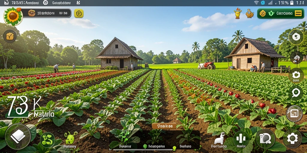 Screenshot gameplay 73K yang menampilkan lahan pertanian yang subur.