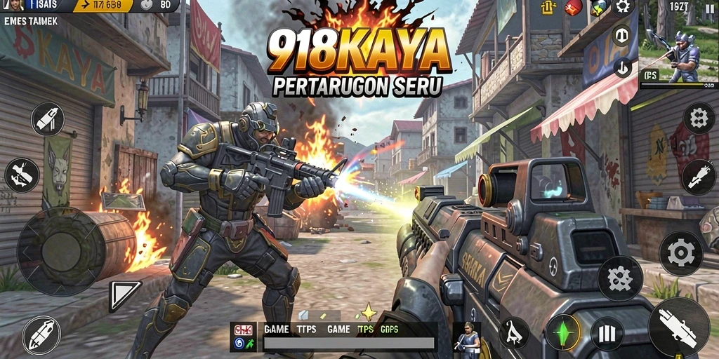 Screenshot gameplay 918KAYA menampilkan aksi menegangkan di arena TPS.