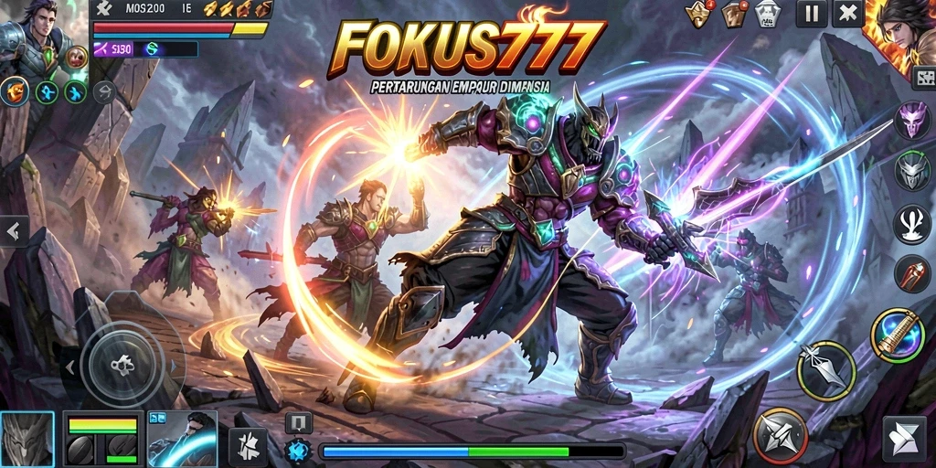 Tampilan gameplay FOKUS777 dengan karakter bertarung di arena.