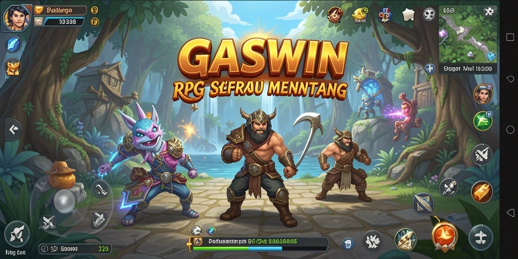 Screenshot GASWIN menampilkan karakter beraksi dalam pertarungan strategis.