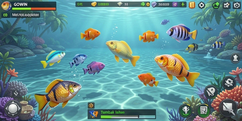 Screenshot GOWIN menampilkan gameplay menembak ikan yang seru.