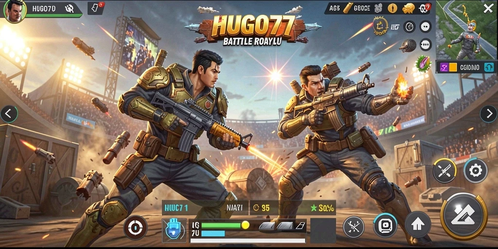 Gameplay seru HUGO77 dalam momen pertarungan Battle Royale.