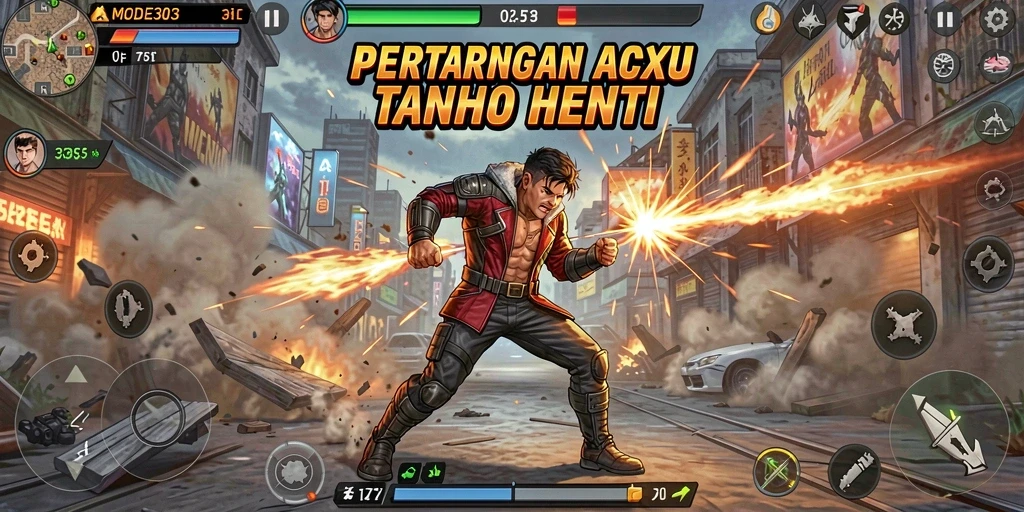 Screenshot utama MODE303 menunjukkan aksi pertarungan yang intens.