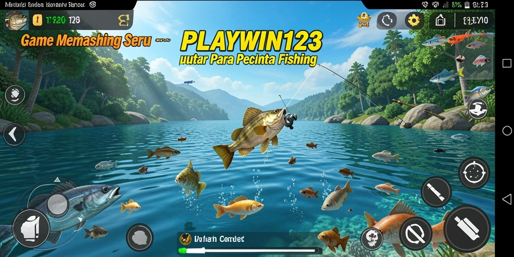 Tampilan gameplay <strong>PLAYWIN123</strong> saat menangkap ikan di danau yang indah.