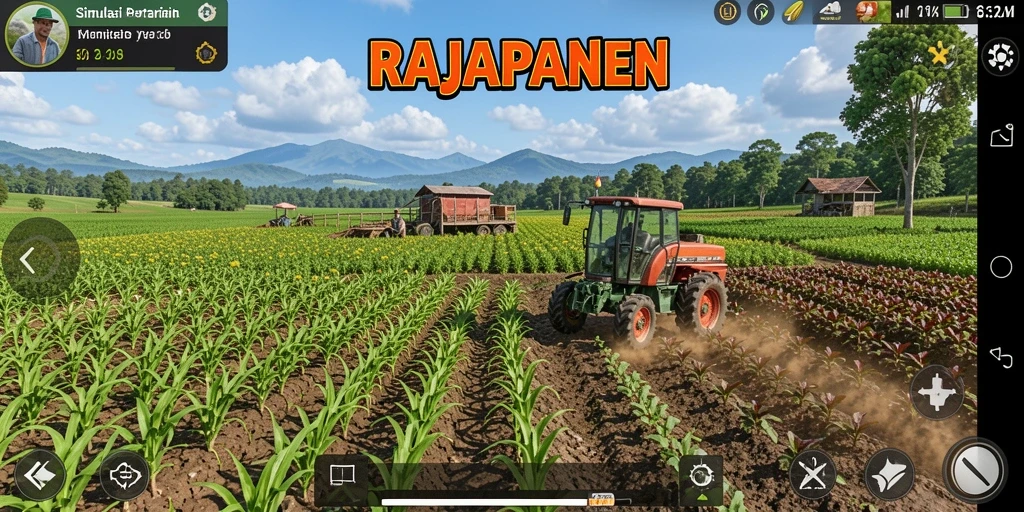 Tangkapan layar gameplay RAJAPANEN menampilkan ladang yang subur dan hewan ternak.