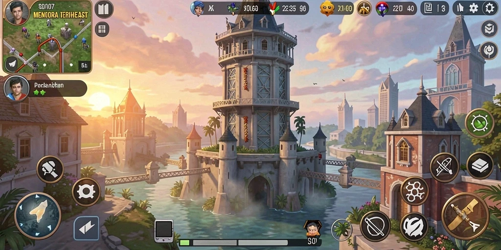 Tampilan gameplay SD107 dengan menara dan musuh yang berbahaya.